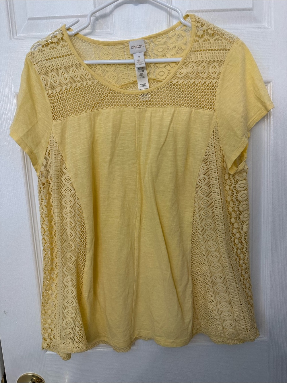 Chicos Yellow Crochet Lace Mesh Short Sleeve‎ Knit Top Size 3 XL
